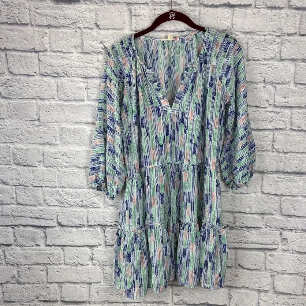 Lemlem Gigi Silk Chevron Herringbone Tiered Blue Green Dress Small
